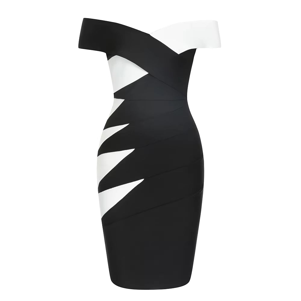 Factory Wholesale Women'S Black White Color Matching Slash Neck Mini Sexy Boutique Celebrity Cocktail Party Bandage Dress Robe