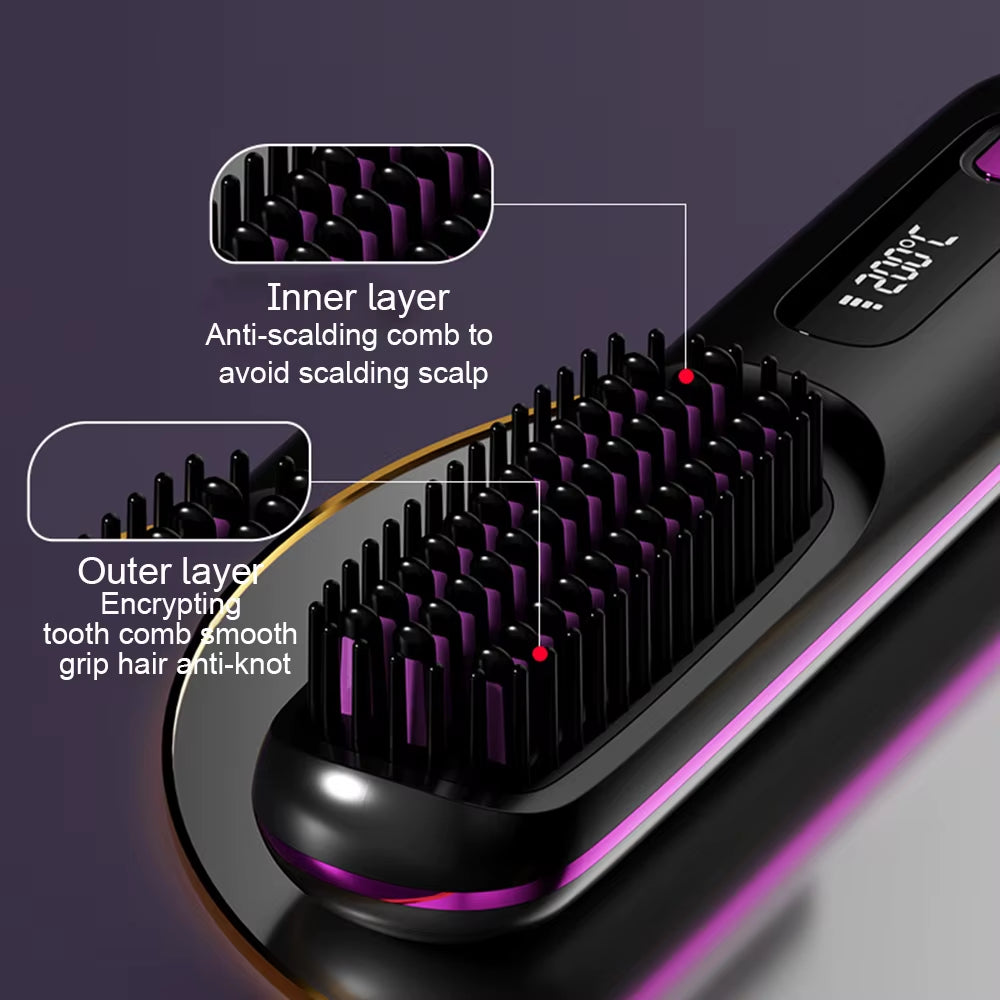 Electric LCD Usb Ceramic Heating Straight Hair Comb Wireless Portable Negative Ion Styling Tool Rechargeable Straightening Brush