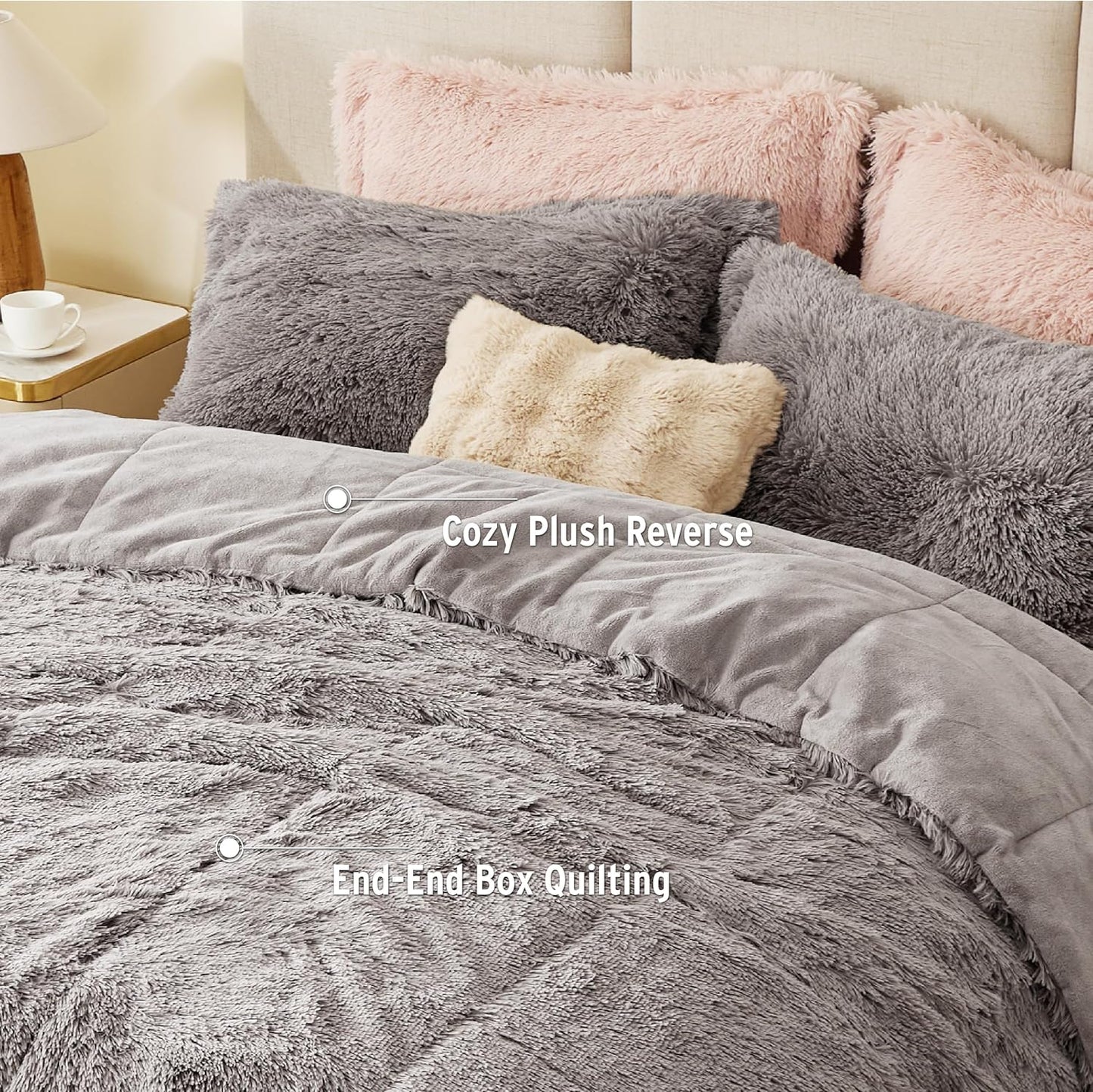 Malea Shaggy Comforter Set, Long Faux Fur Cozy down Alternative, Modern Casual Ultra Soft All Season Fluffy Bedding with Matching Sham, King/Cal King, Grey 3 Piece