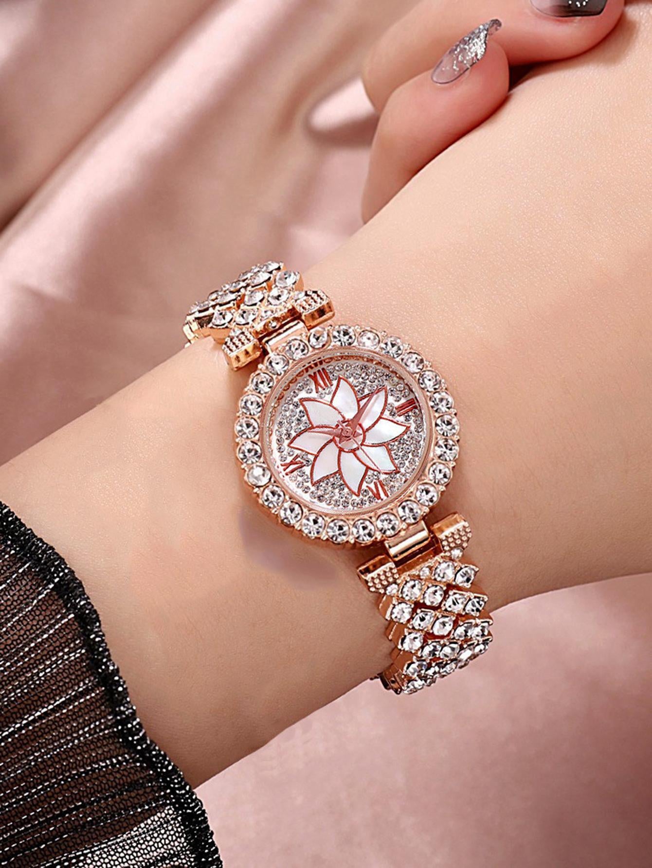 1Pc Rhinestone Decor Quartz Watch & 1Pc Bracelet