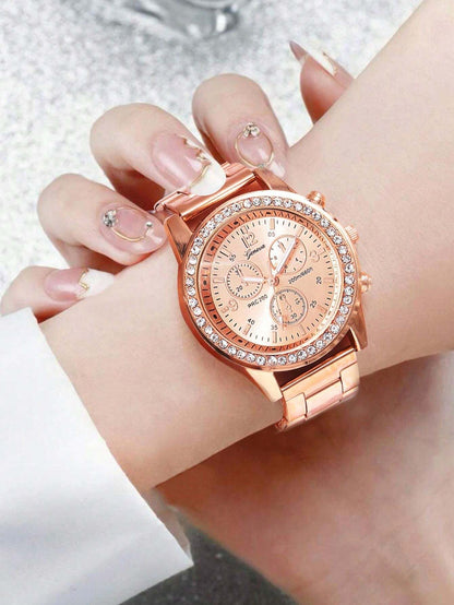 1Pc Rhinestone Decor Quartz Watch & 1Pc Bracelet