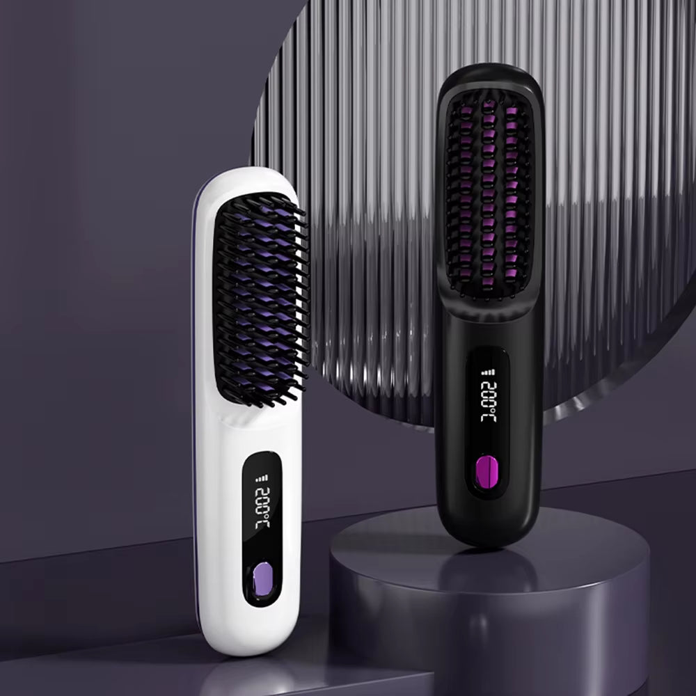 Electric LCD Usb Ceramic Heating Straight Hair Comb Wireless Portable Negative Ion Styling Tool Rechargeable Straightening Brush