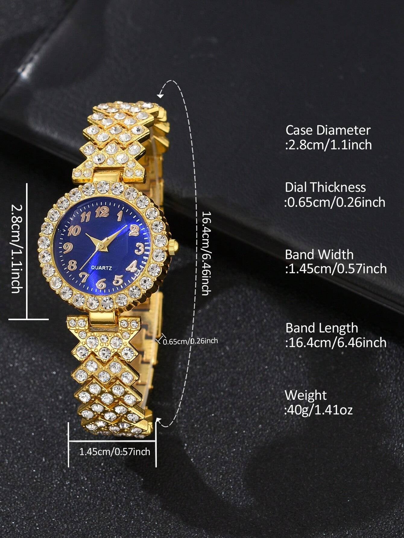 1Pc Rhinestone Decor Quartz Watch & 1Pc Bracelet