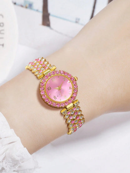 1Pc Rhinestone Decor Quartz Watch & 1Pc Bracelet