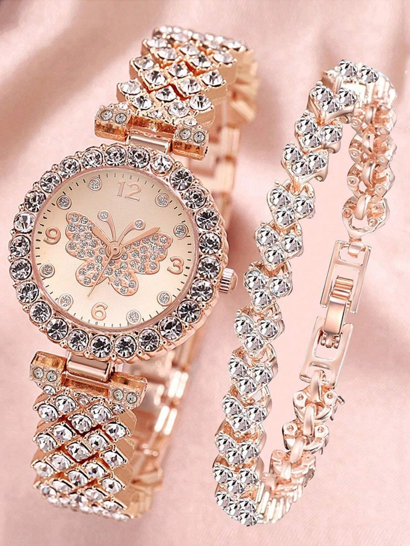 1Pc Rhinestone Decor Quartz Watch & 1Pc Bracelet