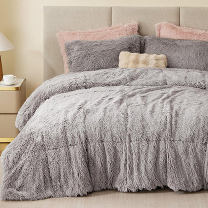 Malea Shaggy Comforter Set, Long Faux Fur Cozy down Alternative, Modern Casual Ultra Soft All Season Fluffy Bedding with Matching Sham, King/Cal King, Grey 3 Piece