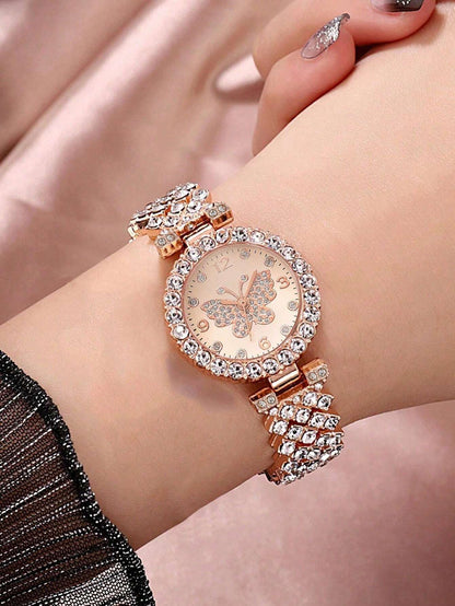 1Pc Rhinestone Decor Quartz Watch & 1Pc Bracelet