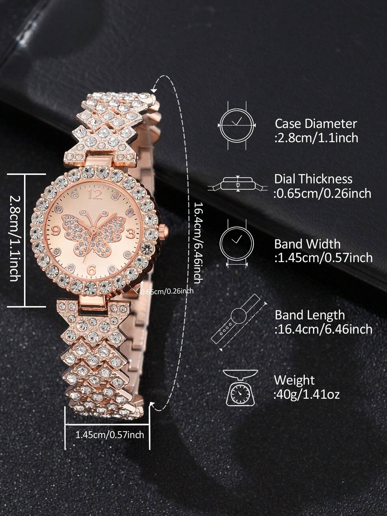 1Pc Rhinestone Decor Quartz Watch & 1Pc Bracelet